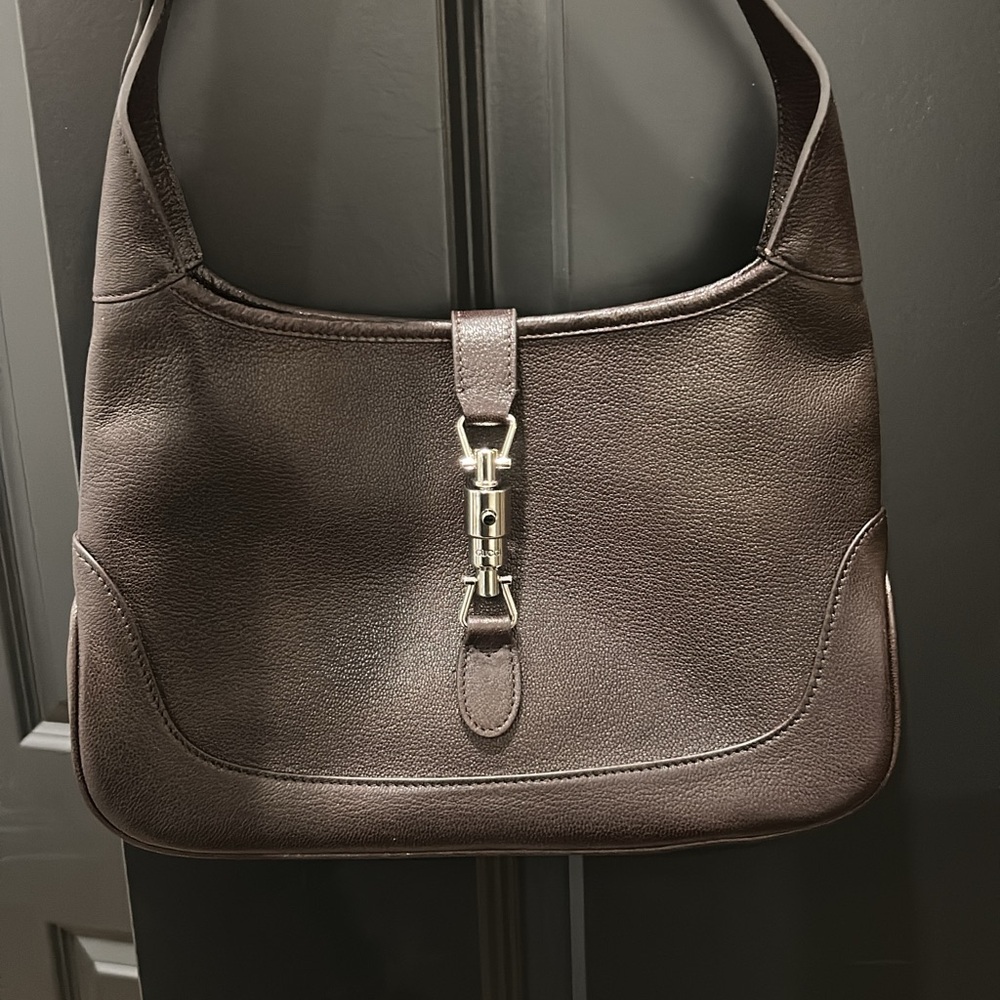 Classic Chocolate Brown Leather Shoulder Bag with Silver Hardware